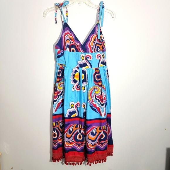 DRESS Blue Plate Fiesta Sundress Vibrant Cotton size Medium summer - Picture 1 of 16